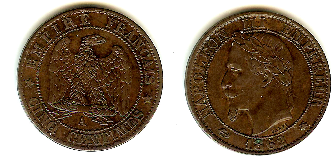 Cinq centimes Napoléon III, tête laurée 1862 Paris SUP